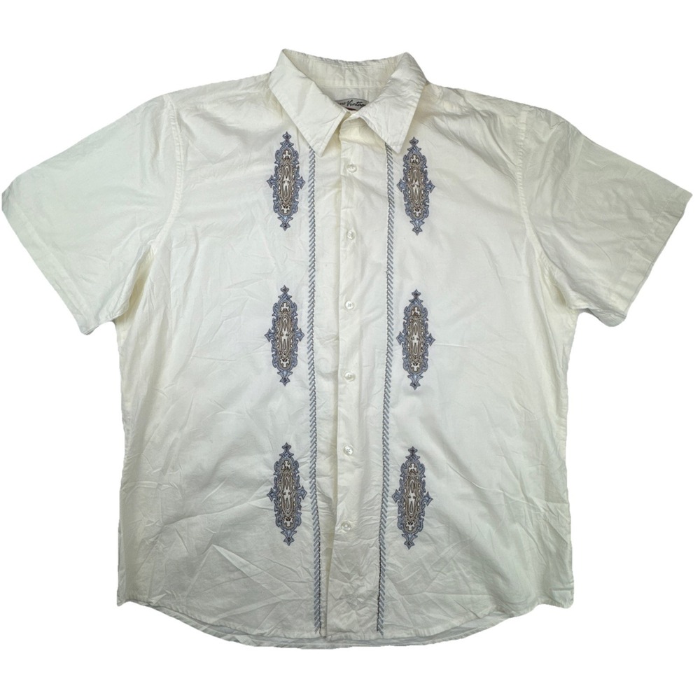 Rare Vintage Mens Button Up Shirt XL White Cotton Boho Embroidered Short Sleeve